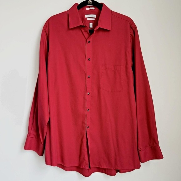 Van Heusen Other - Van Heusen Pin Cord Dress Shirt Mens 17 34-35 Berry Red Wrinkle Free Classic Fit